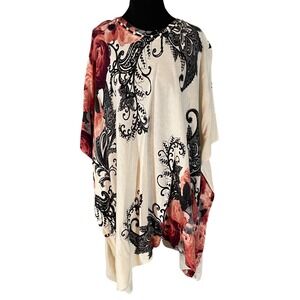 Chicos Floral Paisley Pearl Neck Poncho Sweater Cream Pink Black L/XL Feminine